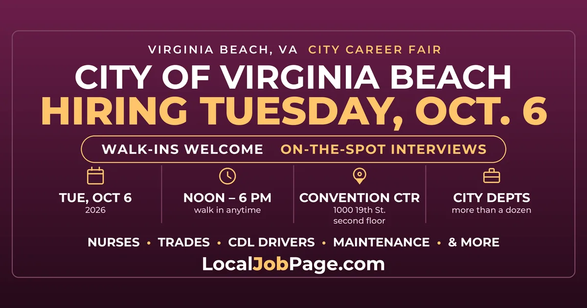 City of Virginia Beach Career Fair Oct. 6: On-the-Spot Interviews for Nurses, Trades and CDL Drivers