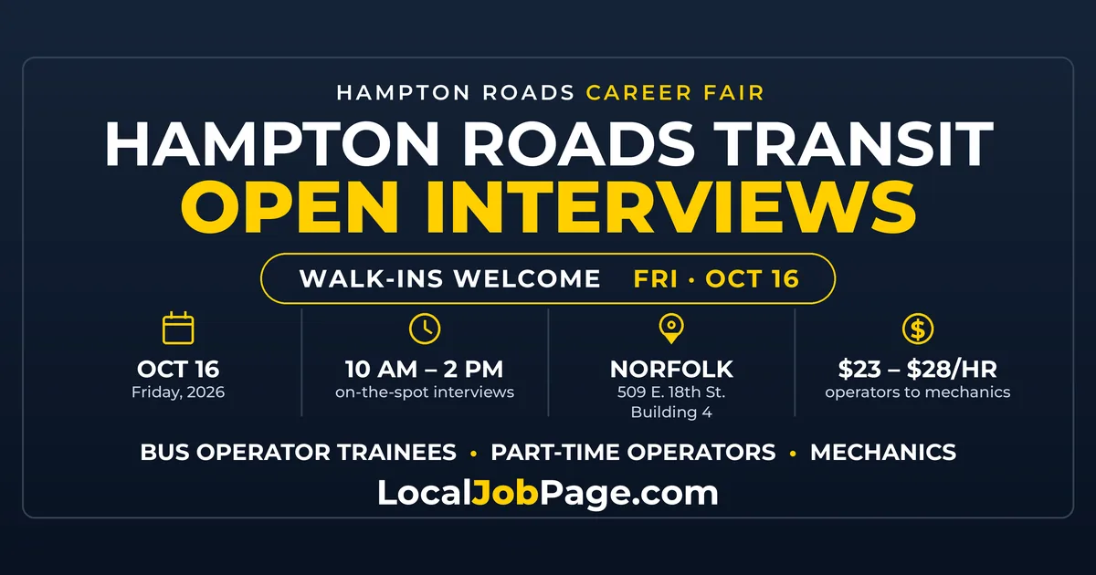 Hampton Roads Transit Career Fair Oct. 16: Walk-In Interviews at $23 an Hour
