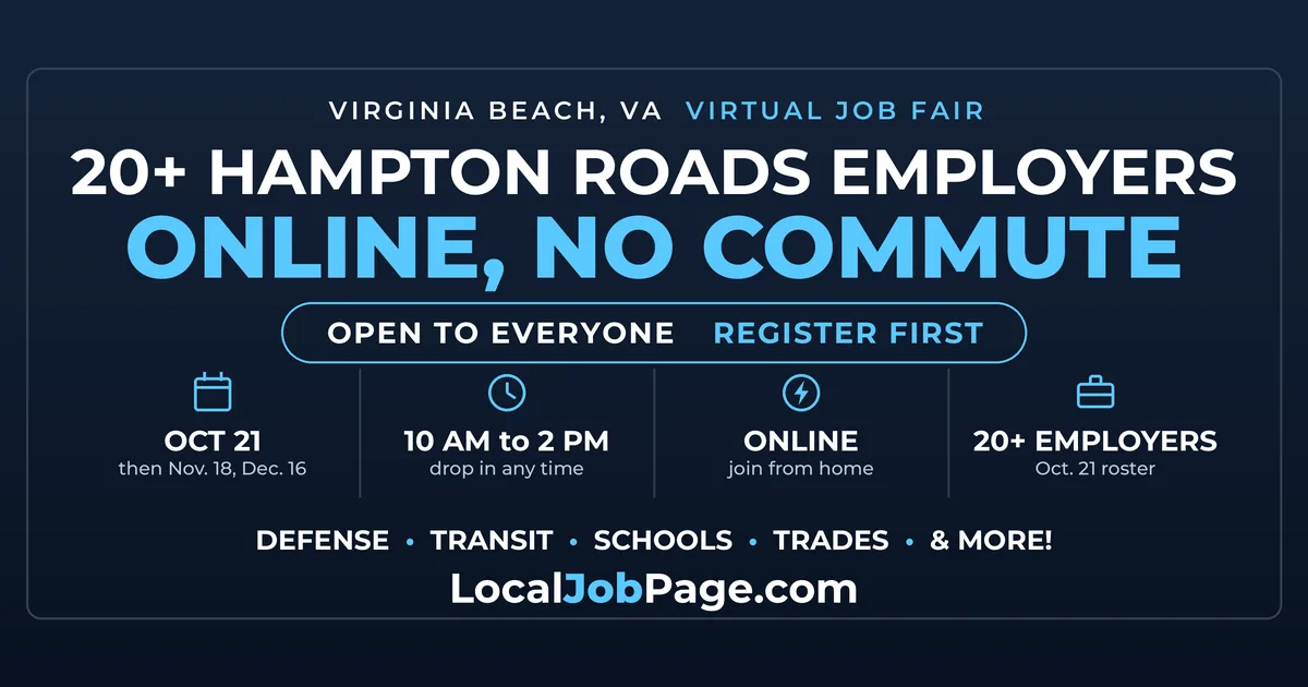 Hampton Roads Virtual Job Fair Runs Every Third Wednesday: Oct. 21, Nov. 18, Dec. 16
